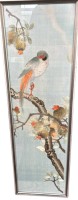 Auktion 346<br>hohes Seidenstickbild, China, Vogel mit Blüten, ger/Glas, RG 86,5x27,5 cm