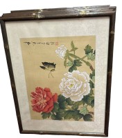Auktion 346<br>5x Seidenmalerei, Blumen und Vogel, chines. betitelt, ger/Glas,  je RG 42x32 cm