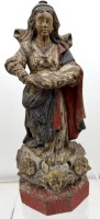 Auktion 373 / Los 15026 <br>Holzskulptur "Hl. Elisabeth mit Brotkorb", wohl 18/19. Jhd., farbig gefasst und guter Zustand, H-28 cm