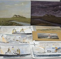 Auktion 373 / Los 4036 <br>kl. Mappe mit div. Gem&auml;lden, Aquarellen etc. div. K&uuml;nstler,  10 Teile, tw. Maritim, Hallig, Leuchtturm, Schiffe , Pellworm etc max. ca. 35x38 cm
