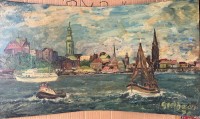 Auktion 373<br>Geelhaar, 1970 "Stadt am Fluss", &Ouml;l/Malfaser,  35,5x61,5 cm