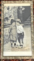 Auktion 373 / Los 12047 <br>Kinderpaar, Seidenstickerei?, beidseitig verglast, gerahmt, RG 39x21 cm