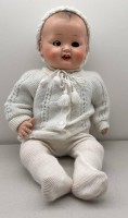 Auktion 373<br>antike Puppe "Franz Schmied&amp;Co" um 1910, Schlafaugen, 2 Z&auml;hnchen, Stoffk&ouml;rper, H-53 cm