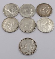 Auktion 373 / Los 6048 <br>Lot Reichsmark, 7x2 RM, Paul von Hindenburg, Silber, 55,9 Gramm,