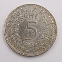 Auktion 373 / Los 6051 <br>Kursm&uuml;nze 5 Deutsche Mark 1951 G, grosser  Adler, Silber, 11,1 Gramm