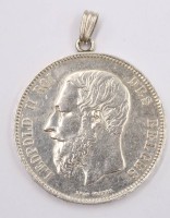 Auktion 373<br>5 Francs 1875 Leopold II Roi des Belges, Silber, &Ouml;se an M&uuml;nze, 25,4 Gramm