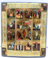 Auktion 373 / Los 4041 <br>russische Festtagsikone, Tempera auf Holz, 2-fach gesperrt (ein Brett fehlt) 31x26,5 cm