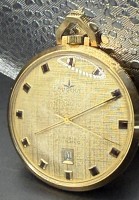 Auktion 373<br>mechan Dugena Taschenuhr, 17 Rubis,Datum,  vergoldet, Werk l&auml;uft, D-4 cm