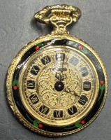 Auktion 373<br>kl. mechan. Damen Umh&auml;ngeuhr "Pontifa", vergoldet, Blumendekor, D-2,5 cm, Werk l&auml;uft