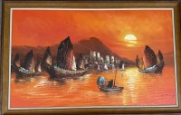 Auktion 373 / Los 4044 <br>W. Tong "Dschunken im Hafen von Hongkong"&Ouml;l/Leinen, gerahmt, RG 112x72 cm, Sperrgut