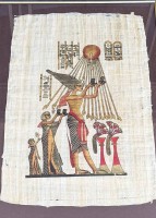 Auktion 373 / Los 5029 <br>7x div. &auml;gyptische Papyrusbilder, handcoloriert, div. Gr&ouml;ssen, alle werden ungerahmt  verkauft und versandt, g&ouml;sste ca. 65x45 cm