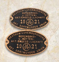 Auktion 373<br>Fabrikschilder, Deutsch-Luxemburgischen Bergwerks- und H&uuml;tten-AG, Abteilung Dortmunder Union, 1921, 1x besch&auml;digt, 12 x 20cm