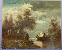 Auktion 373 / Los 4058 <br>Hessel "Fischerkate mit Boot" &Ouml;l/Malfaser, 25 x30 cm