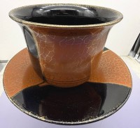 Auktion 373<br>Vintage &Uuml;-Keramik &Uuml;belacker Blumenvase Vase mit Goldrand 18cm | Orange &amp; Golddekor, H-14 cm, D-18 cm, Teller 26 cm, guter Zustand