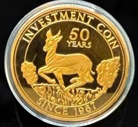 Auktion 374<br>Investment Coin 50 Jahre Jubil&auml;umsmedaille 2021 &oslash; 70mm, ca. 110 gr., vergoldetes Kupfer, polierte Platte, boxed