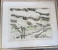 Auktion 374<br>Fritz Kronenberg (1901-1960). "Fr&uuml;hling in der Marsch" Farblithografie, mittig signiert, Motivgr&ouml;sse ca. 48x62 cm,