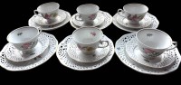 Auktion 374<br>6x Kaffeegedecke "Ingres weiss" Form Marienbad, Durchbruch-R&auml;nder, Rosendekor, 18 Teile