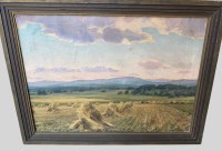 Auktion 374<br>Hermann HELLBUSCH (1879-1967) "Kornhocken in Taunus-Landschaft", &Ouml;l/Leinen, gerahmt, RG 85x113  cm (Sperrgut)
