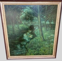 Auktion 374<br>Harald ILLIES (1911-1985)  "Waldbach" &Ouml;l/Platte, gerahmt, verso betitelt, RG 110x100 cm, (Sperrgut-Versand wohl ca. 40 Euro)