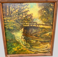 Auktion 374<br>Harald ILLIES (1911-1985)  signierte kl. Holzbr&uuml;cke &uuml;ber Kanal, &Ouml;l/Leinen, gerahmt, Reinig. bed&uuml;rftig, RG 107x96 cm (Sperrgut)