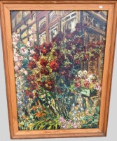 Auktion 374<br>Harald ILLIES (1911-1985)  "Rosenstrauch vor Gutshof", &Ouml;l/Malfaser, gerahmt 90x69 cm