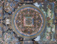Auktion 374 / Los 15504 <br>handgemaltes tibetisch-buddhistisches Mandala-Thangka, gut gerahmt/Glas, RG 75 x 62cm, Sperrgut!