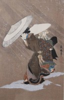Auktion 374 / Los 15505 <br>japanische Farbholzschnitt  &bdquo;Ausflug im Schneesturm&ldquo;, Kitagawa Fujimaro (ca. 1790-1850), wohl neuzeitl. Nachdruck, gut gerahmt/Glas, RG 42 x 32cm