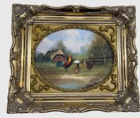 Auktion 374<br>Gunter SEEKATZ (1928)  "H&uuml;hnerhof" &Ouml;l/Holz, gut gerahmt, RG 28x33 cm