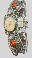 Auktion 374<br>mechan. DAU in Silbergeh&auml;use-835- "Berglund" Werk l&auml;uft, Armband ebenso Silber mit roten Steinen, 37,79 gr