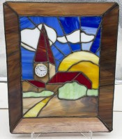 Auktion 374<br>Buntglasbild mit Quartz Kirchturmuhr, Bleiverglast, H-37x29 cm, Werk steht