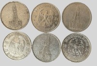 Auktion 374<br>6x 5 Reichsmark, 1934-35, Garnisonskirchen, Silber, 83,37 gr