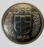 Auktion 374<br>5  Schweizer Franken 1932, Silber, 14,95 gr.