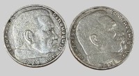 Auktion 374<br>2x 2 Reichsmark 1936/37, Hindenburg, 3.Reich, Silber, zus. 16.03
