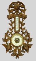 Auktion 374<br>Jugendstil Wandwetterstation, beschnitzter Holzrahmen "Wilhelm W&uuml;bber, Cuxhaven", H-49 cm, B-27 cm