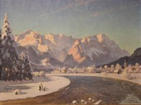 Auktion 374<br>S.Hiemann o.&auml;. "Wintermorgen im Loisachtal", &Ouml;l/Leinwand, verso betitelt, datiert (19)32, gerahmt, RG 75 x 95cm, Sperrgut!