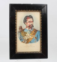 Auktion 374<br>Portrait-Druck, Ludwig II, innen Trockenblumen, ger./Glas, RG 17 x 12cm