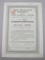 Auktion 374<br>Teilschuldverschreibung &uuml;ber 500 Franken (= 405 Mark) der &bdquo;Siemens&ldquo; Elektrische Betriebe Aktiengesellschaft, 1912. gelocht