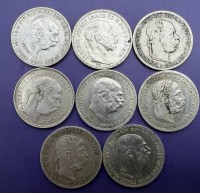 Auktion 374<br>8x 1 Krone/Korona, K.u.K. Monarchie, Kaiser Franz Joseph I, Silber, zus. 40 gr