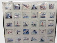 Auktion 374<br>Sammlung kleiner maritimer Aquarelle mit Nordsee- und K&uuml;stenmotiven, darunter Ansichten bekannter Leuchtt&uuml;rme und Orte wie Cuxhaven und Sylt. Alle in einem Rahmen/Glas, RG41x51 cm, Kunstdruck in aufwendigen Paasepartout