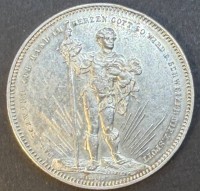 Auktion 374<br>Silber-900-,  EIDG. SCH&Uuml;TZENFEST IN BASEL 1879 5 Franken, Version mit Pfeilen zwischen Bein und Schwert (Richter SS# 92.b), D-37mm, 25,04 gr.