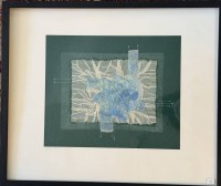 Auktion 374<br>unleserl. sign.  Stoffmalerei, ger&amp;Glas, RG 64x53 cm