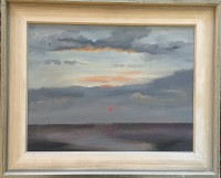 Auktion 374<br>Claus Richters "Sonnenuntergang &uuml;ber Meer" &Ouml;l/Platte, gerahmt, RG 50x41 cm, verso Vita