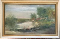 Auktion 374 / Los 4043 <br>anonyme Landschaft am Teich, &Ouml;l/Platte, gerahmt, RG 62x40 cm