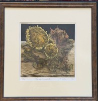 Auktion 374<br>unleserl. sign. (20)12 "SonnenblumenIV" betitelte Lithografie, Nr. 4/40, ger/Glas, RG 46x46 cm