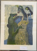 Auktion 374<br>Wolfgang Schlick (1941-2014), "Froschk&ouml;nig" orig. Farbholzschnitt,   Nr. 52/300, Bildformat 50 x 36 cm, Papierformat 63,5 x 48 cm, ger/Glas, RG 63x47 cm