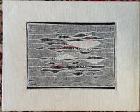 Auktion 374<br>Irene Mertens "Gewebeverschiebung I" Stoffbild, 37x30 cm, verso Etikett