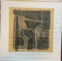 Auktion 374<br>unleserl. sign. abstrake Zeichnung ? 1998, ger/Glas, RG 40x40 cm