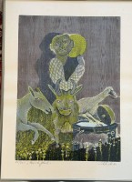 Auktion 374<br>Wolfgang Schlick (1941-2014), 1981 "Hans im Gl&uuml;ck" orig. Farbholzschnitt,   Nr. 52/300, ger/Glas, RG 64x47 cm