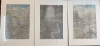 Auktion 374 / Los 5030 <br>J&uuml;rgen W&ouml;lbing, (1942-2009) "Markt" / "Basar"/ "B&ouml;rse", 3x gr. signierte , betitelte Farblithographien von 1987, je in 350-er Auflage, BG 70x50 cm, alle gleich und schlicht  weiss ger/Glas,  RG 70,5x50,5 cm, der K&uuml;nstler bekannt f&uuml;r seine detailreichen, fantastisch-realistischen Szenen