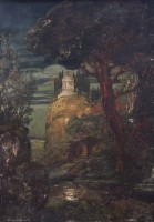 Auktion 375 / Los 4001 <br>Alexander FRENZ (1861-1941), Ein Tempel im Abendrot, &Ouml;l/Malkarton, alt gerahmt, RG 63 x 53cm , restaurierungsbed&uuml;rftig